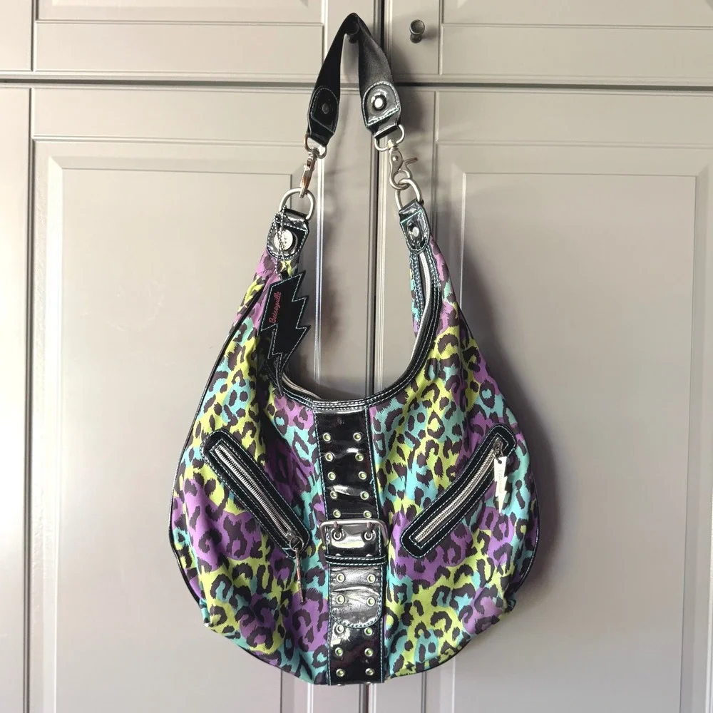 Betseyville Y2K Punk Multicolor Neon Leopard Lightning Charm Hobo Bag ,Large